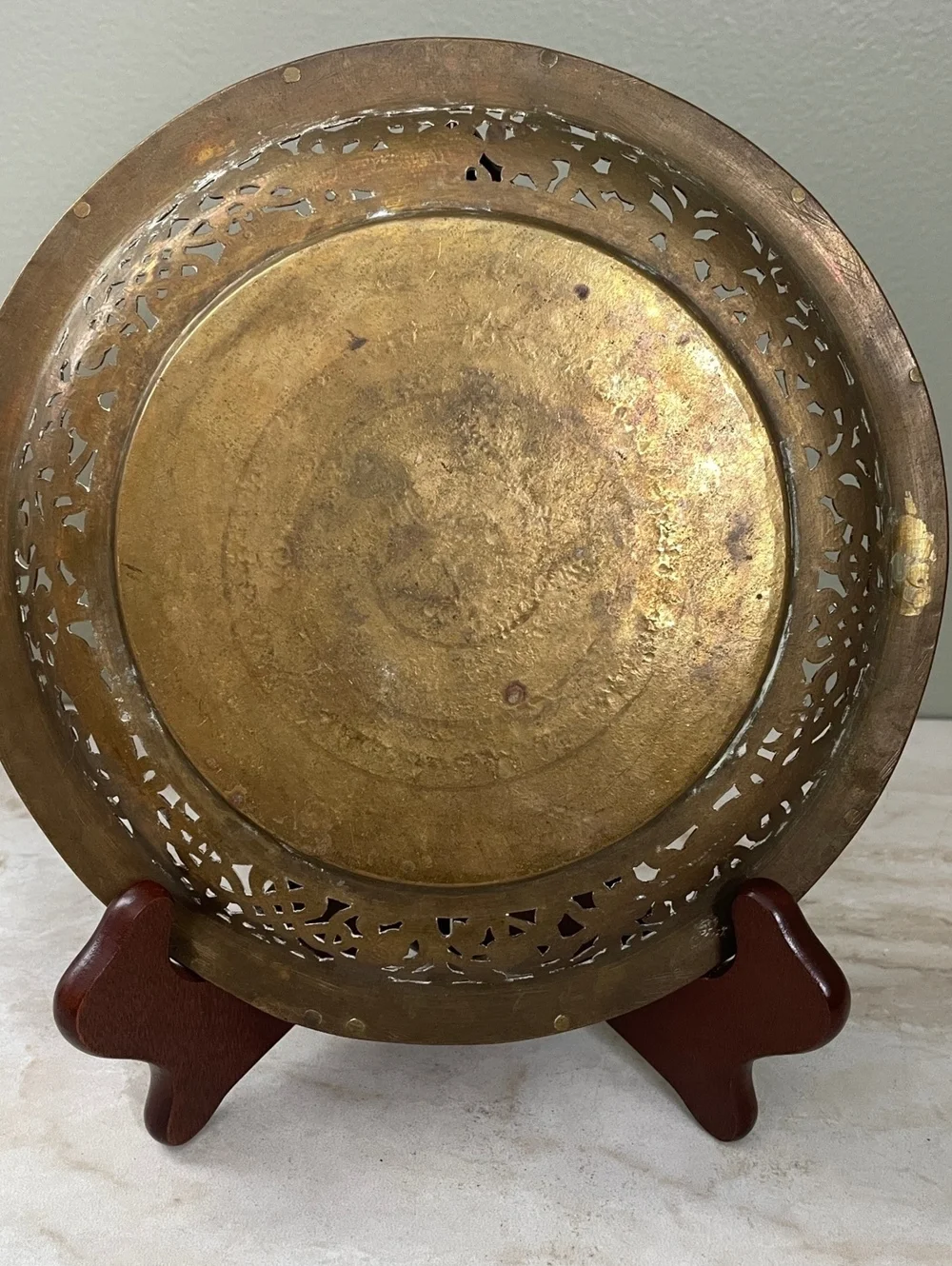 Vintage Solid Brass Dragon Decorative Plate | Engraved Pierced Openwork Rim